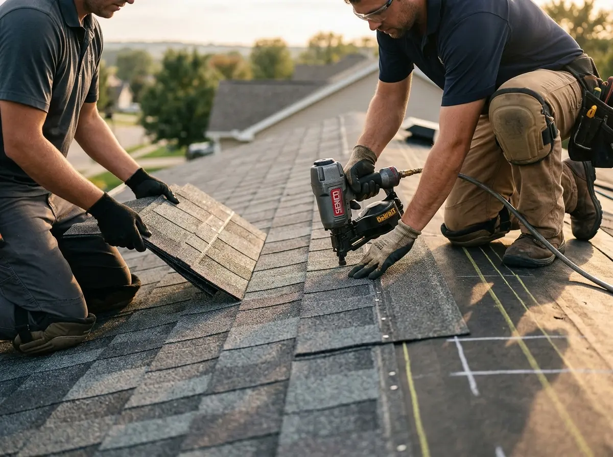 Professional roofer working on a residential roof in Larkspur